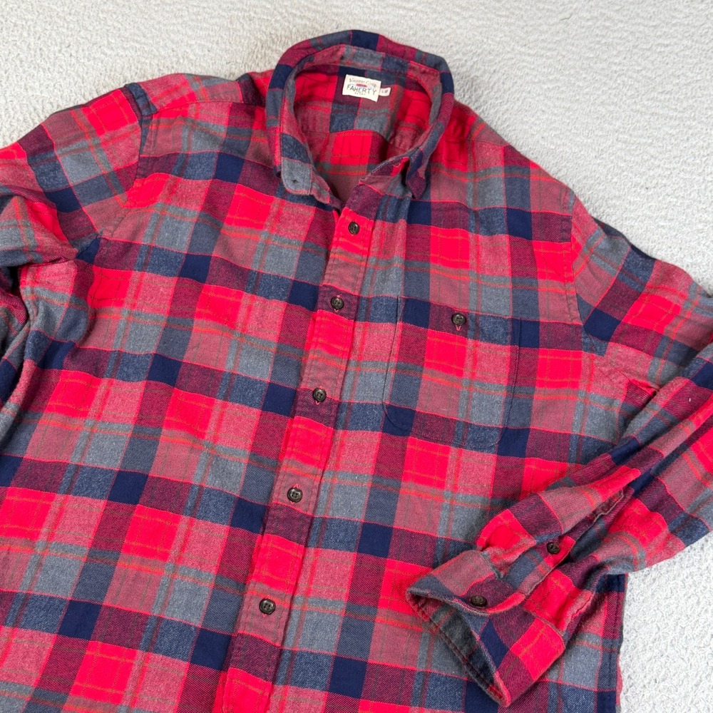 Faherty Shirt Men L Red Blue Plaid Flannel Supima Cotton Long Sleeve Button Down